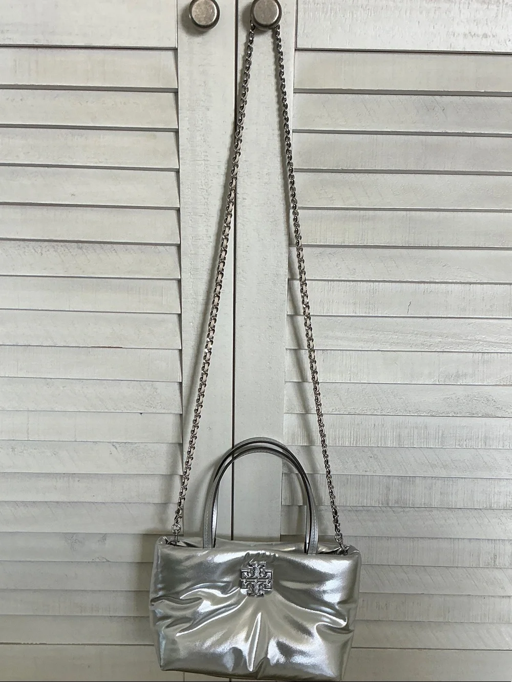 Tory Burch Britten Metallic Silver Puffy Mini Tote with Chain Strap